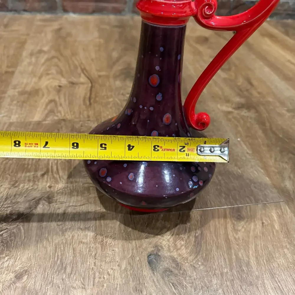 VTG 1972 Signed Studio Art Pottery Vase Ewer Pitcher Red Purple Speckled Glaze